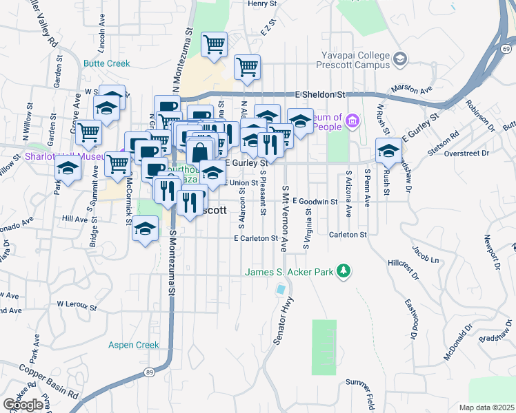 map of restaurants, bars, coffee shops, grocery stores, and more near 202 South Pleasant Street in Prescott