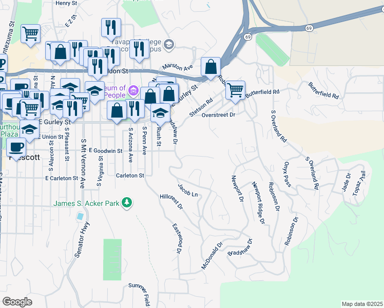 map of restaurants, bars, coffee shops, grocery stores, and more near 211 Bradshaw Drive in Prescott