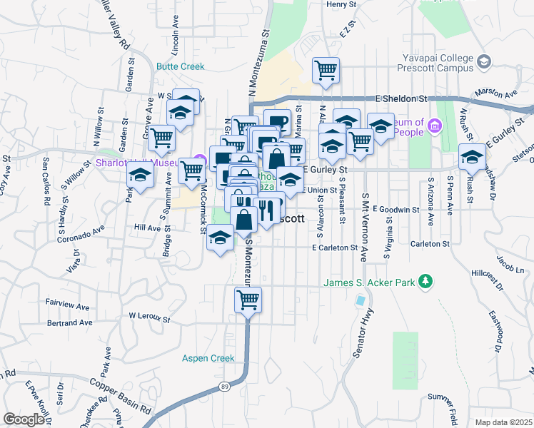 map of restaurants, bars, coffee shops, grocery stores, and more near 101 West Goodwin Street in Prescott