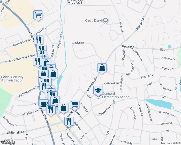 map of restaurants, bars, coffee shops, grocery stores, and more near 102 Bonaire Point in Anderson