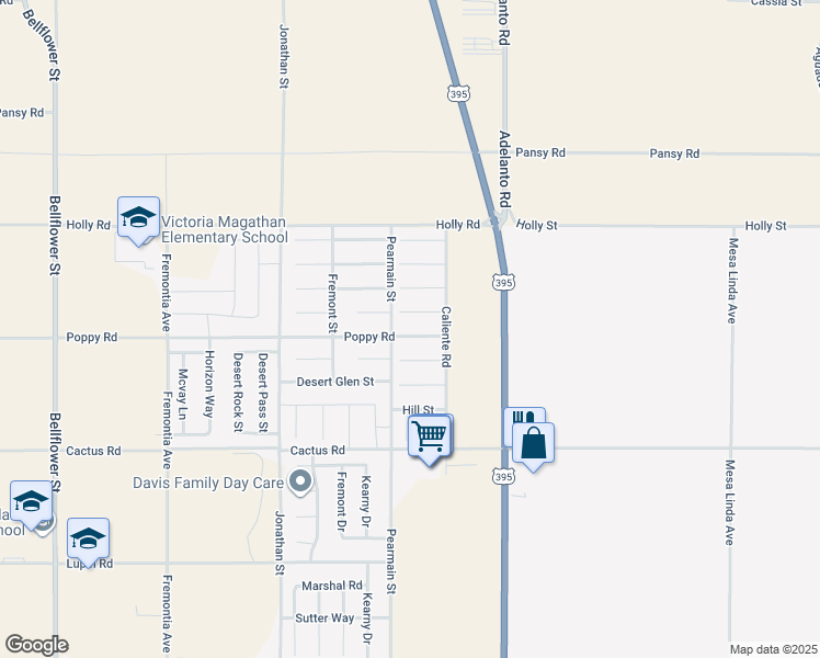 map of restaurants, bars, coffee shops, grocery stores, and more near 11930 Poppy Road in Adelanto
