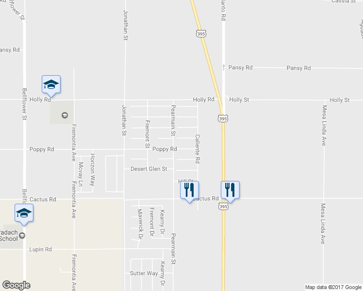 map of restaurants, bars, coffee shops, grocery stores, and more near 11930 Poppy Road in Adelanto