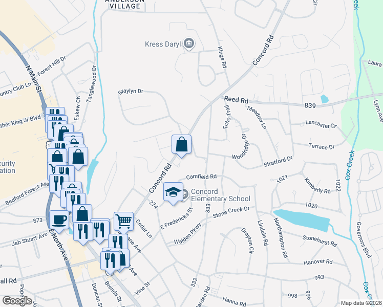 map of restaurants, bars, coffee shops, grocery stores, and more near 608 Sherry Drive in Anderson
