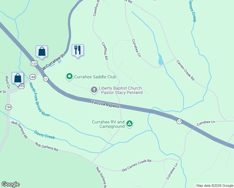 map of restaurants, bars, coffee shops, grocery stores, and more near 1108 Cawthon Road in Toccoa