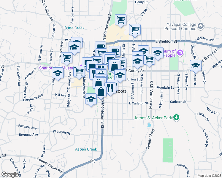 map of restaurants, bars, coffee shops, grocery stores, and more near 101 West Goodwin Street in Prescott