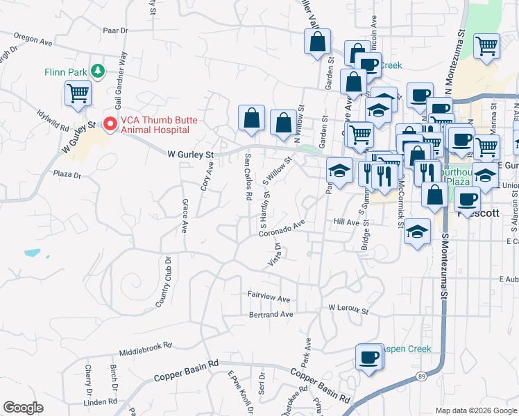 map of restaurants, bars, coffee shops, grocery stores, and more near 295 South Willow Street in Prescott