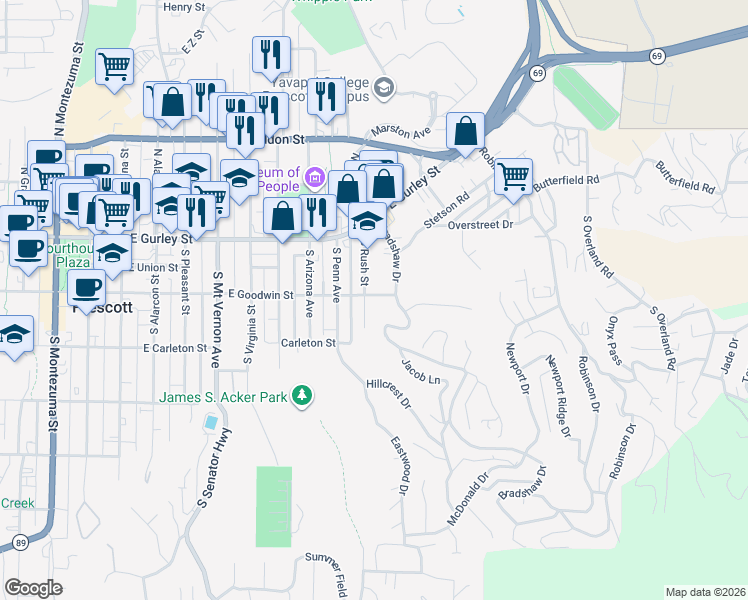 map of restaurants, bars, coffee shops, grocery stores, and more near 213 South Rush Street in Prescott