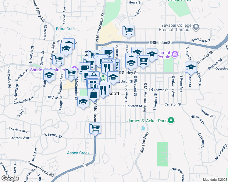 map of restaurants, bars, coffee shops, grocery stores, and more near 119 East Goodwin Street in Prescott