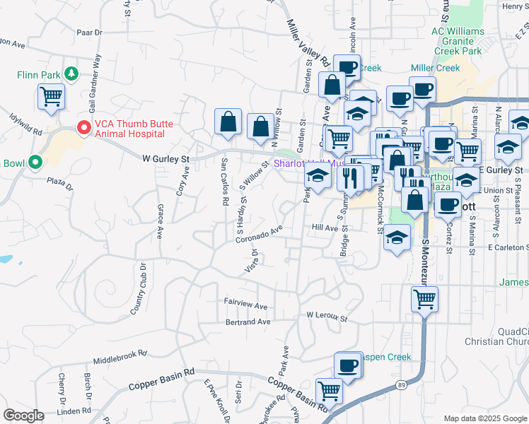 map of restaurants, bars, coffee shops, grocery stores, and more near 228 High Street in Prescott