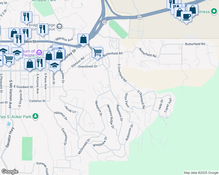 map of restaurants, bars, coffee shops, grocery stores, and more near 340 Robinson Drive in Prescott