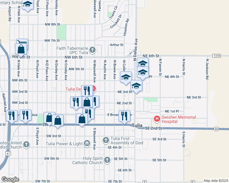 map of restaurants, bars, coffee shops, grocery stores, and more near 300 North Bowie Avenue in Tulia
