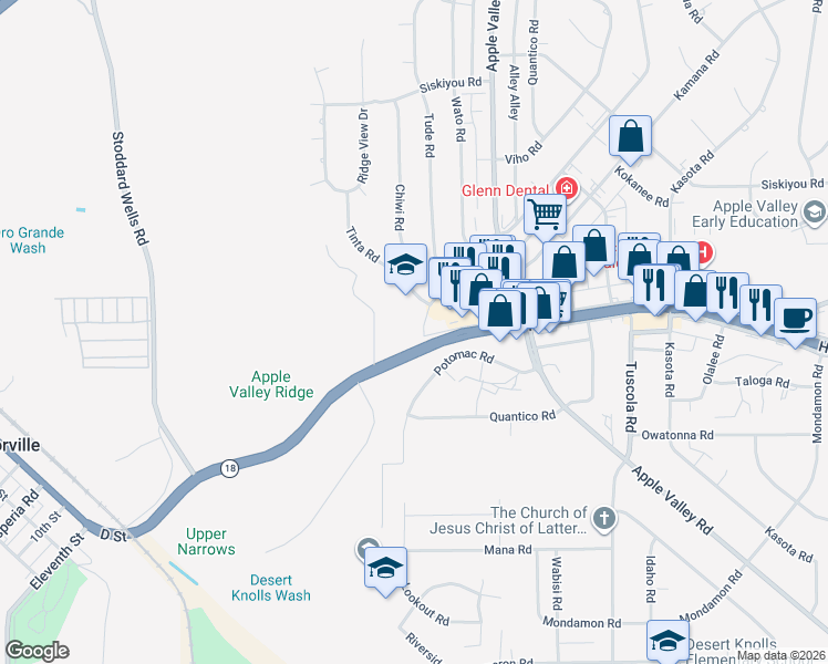 map of restaurants, bars, coffee shops, grocery stores, and more near 17768 Wika Road in Apple Valley