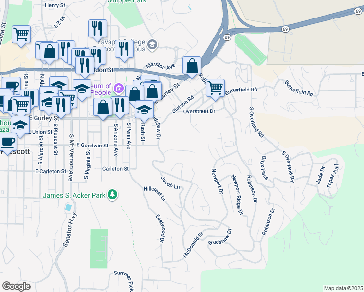 map of restaurants, bars, coffee shops, grocery stores, and more near 211 Bradshaw Drive in Prescott