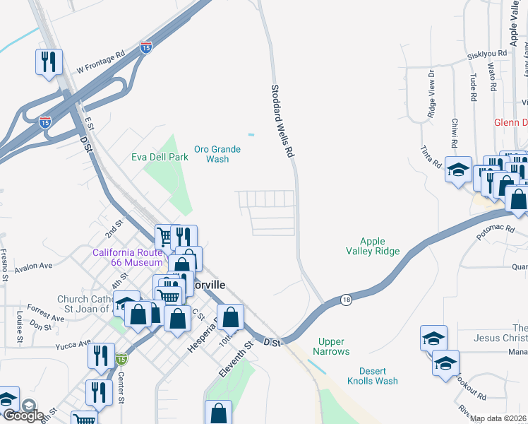 map of restaurants, bars, coffee shops, grocery stores, and more near 15940 Stoddard Wells Road in Victorville