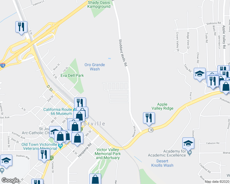 map of restaurants, bars, coffee shops, grocery stores, and more near 15940 Stoddard Wells Road in Victorville
