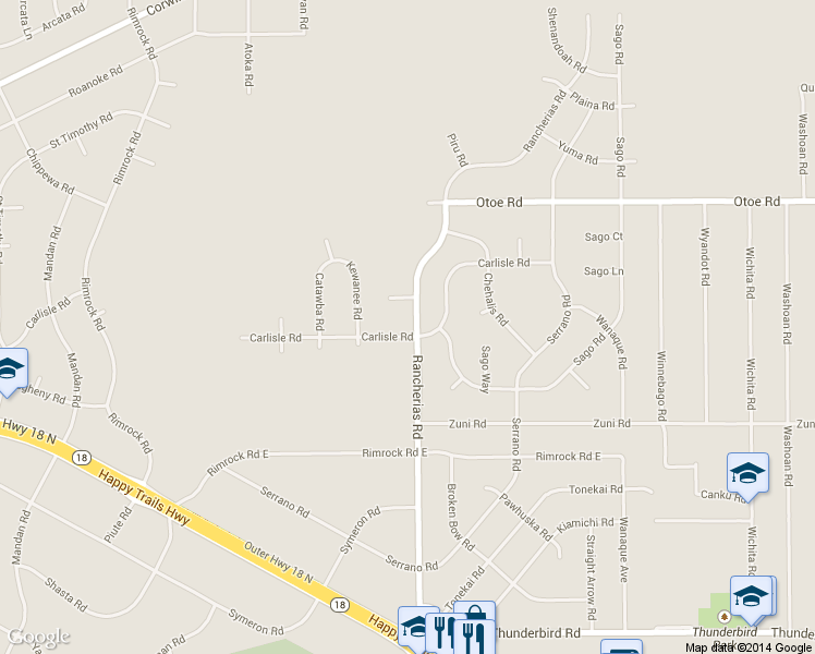 map of restaurants, bars, coffee shops, grocery stores, and more near 20057 Rancherias Lane in Apple Valley