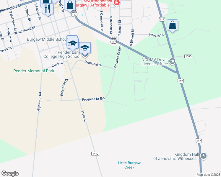 map of restaurants, bars, coffee shops, grocery stores, and more near 130-136 Progress Dr in Burgaw