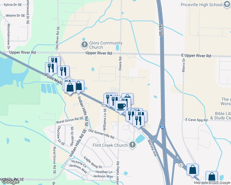 map of restaurants, bars, coffee shops, grocery stores, and more near 3423 Deere Road Southeast in Decatur