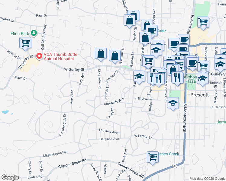 map of restaurants, bars, coffee shops, grocery stores, and more near 221 Hidden Drive in Prescott