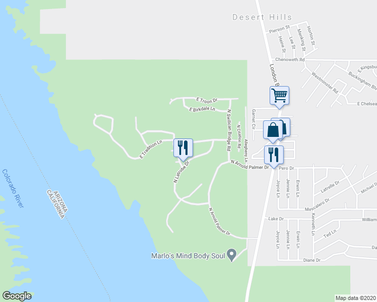 map of restaurants, bars, coffee shops, grocery stores, and more near 1888 East Tradition Lane in Lake Havasu City
