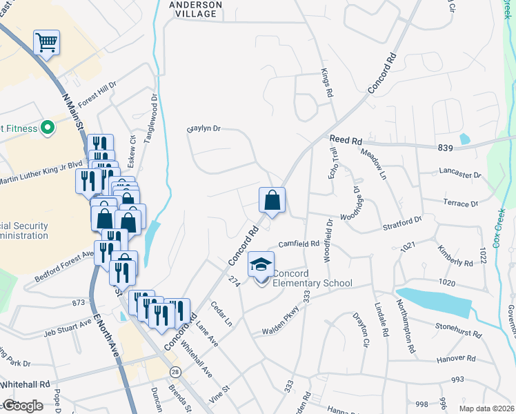 map of restaurants, bars, coffee shops, grocery stores, and more near 104 Palancar Court in Anderson