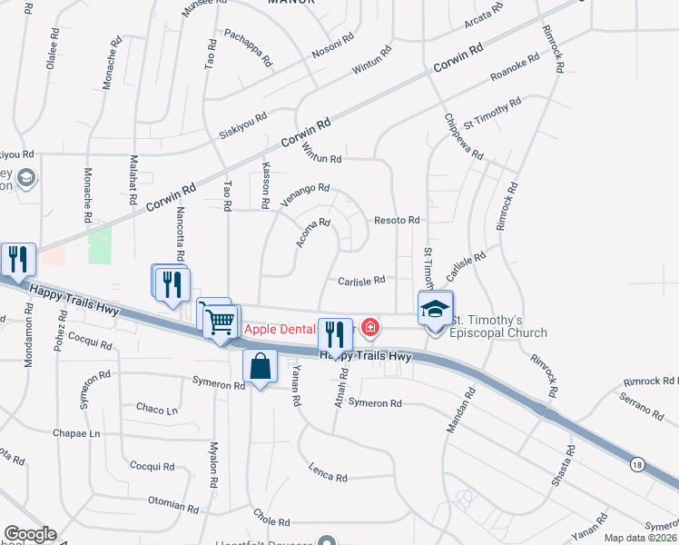map of restaurants, bars, coffee shops, grocery stores, and more near 15966 Acoma Road in Apple Valley