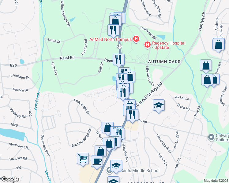 map of restaurants, bars, coffee shops, grocery stores, and more near 101 Life Style Lane in Anderson