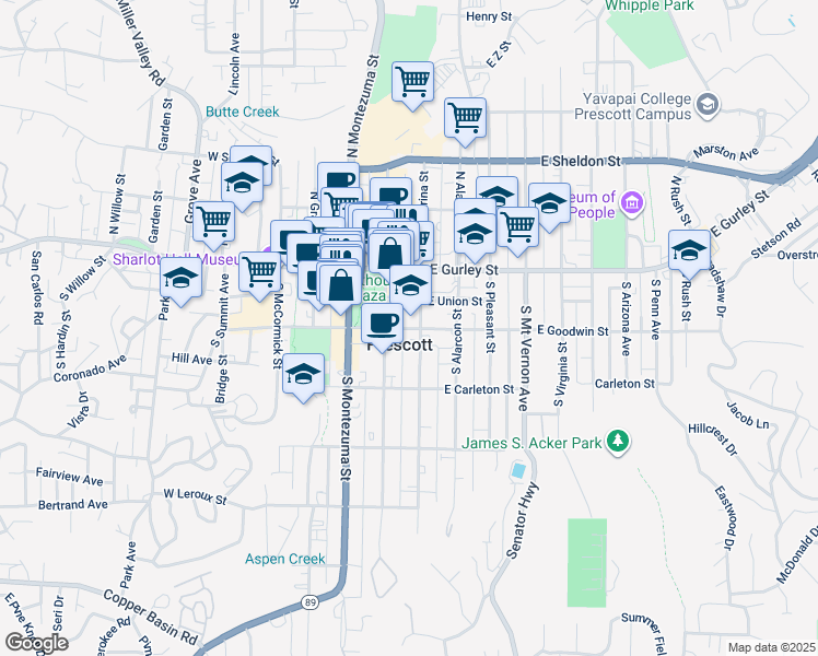 map of restaurants, bars, coffee shops, grocery stores, and more near 100-198 East Goodwin Street in Prescott