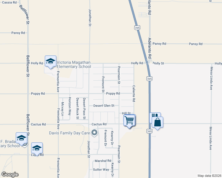 map of restaurants, bars, coffee shops, grocery stores, and more near 11827 Broad Oak Court in Adelanto