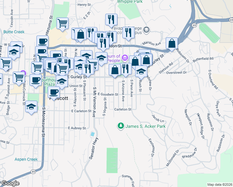 map of restaurants, bars, coffee shops, grocery stores, and more near 149 South Washington Street in Prescott
