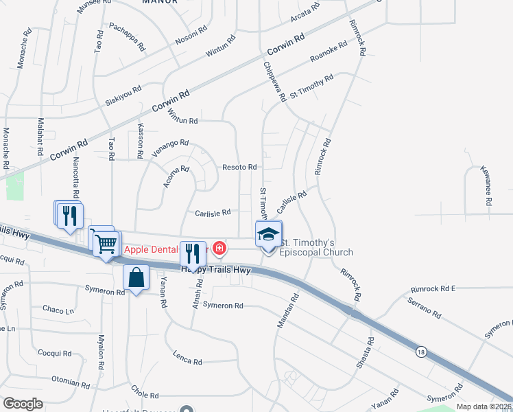 map of restaurants, bars, coffee shops, grocery stores, and more near 15913 Wintun Road in Apple Valley