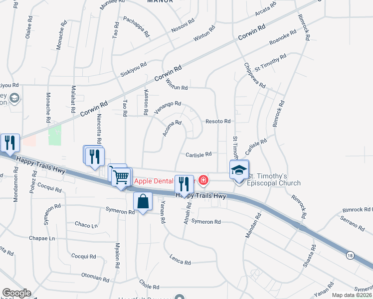 map of restaurants, bars, coffee shops, grocery stores, and more near 15966 Acoma Road in Apple Valley
