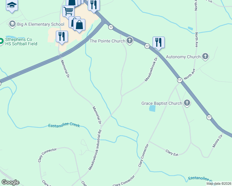 map of restaurants, bars, coffee shops, grocery stores, and more near 420-422 Fieldcrest Drive in Eastanollee