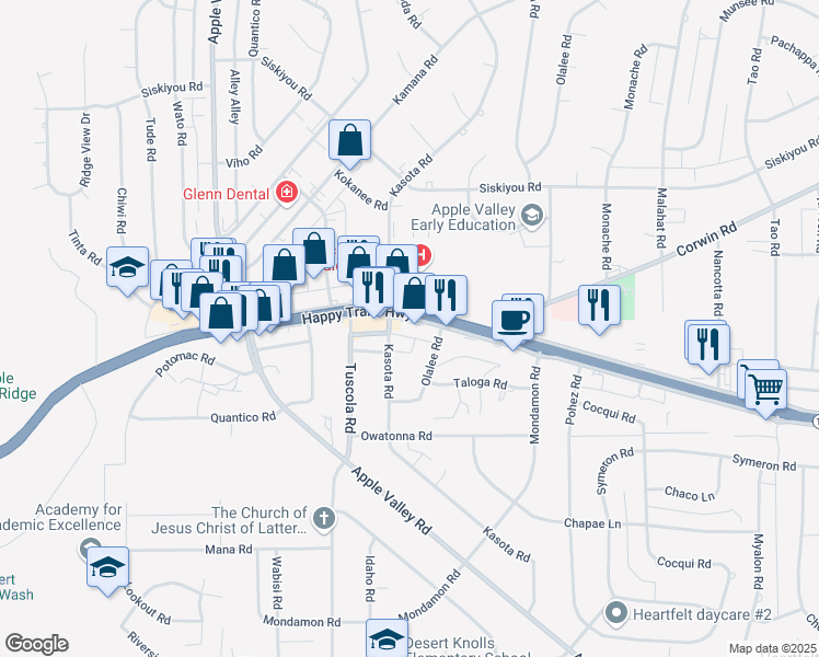 map of restaurants, bars, coffee shops, grocery stores, and more near 18231 California 18 in Apple Valley