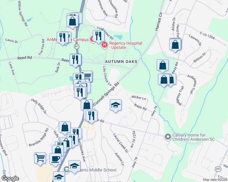 map of restaurants, bars, coffee shops, grocery stores, and more near 2002 McConnell Springs Road in Anderson
