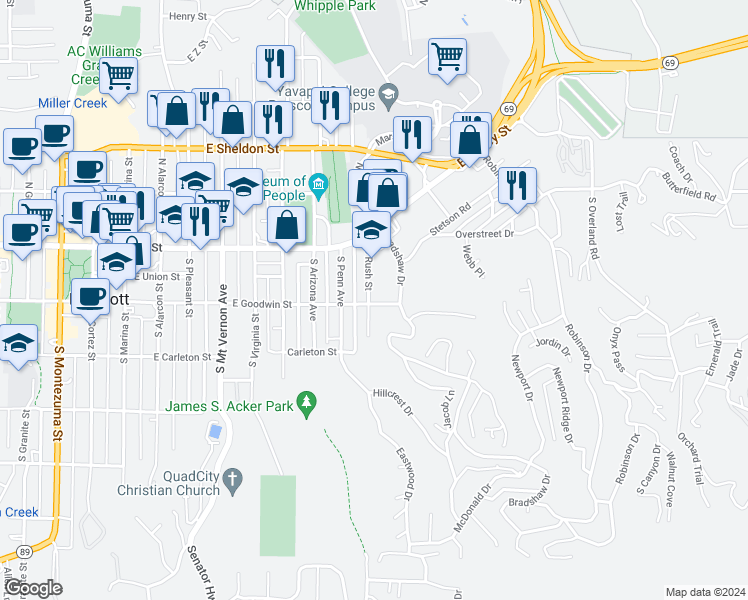 map of restaurants, bars, coffee shops, grocery stores, and more near 1002 East Goodwin Street in Prescott