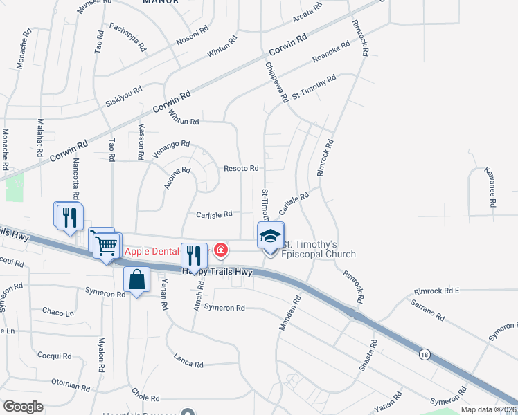 map of restaurants, bars, coffee shops, grocery stores, and more near 15913 Wintun Road in Apple Valley