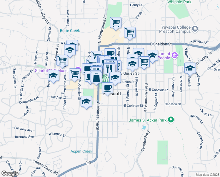map of restaurants, bars, coffee shops, grocery stores, and more near in Prescott