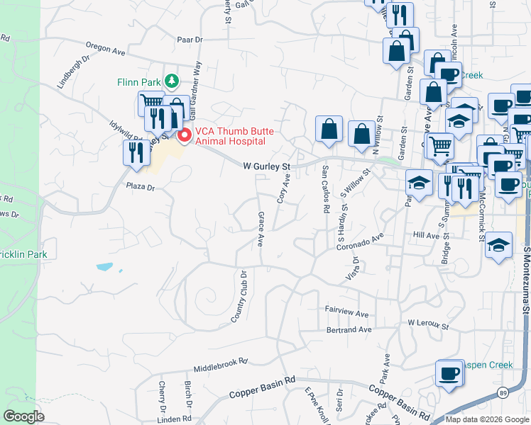 map of restaurants, bars, coffee shops, grocery stores, and more near 215 Grace Avenue in Prescott