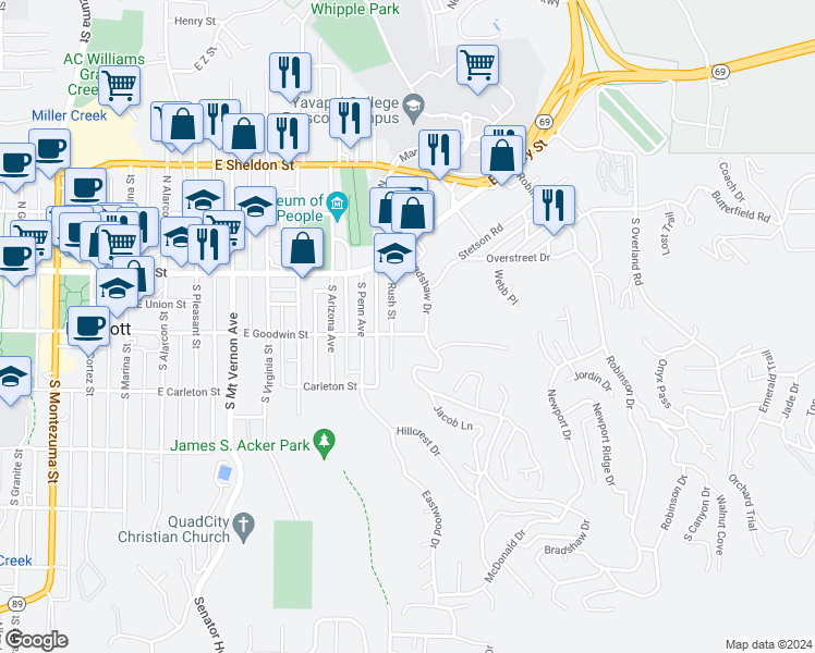 map of restaurants, bars, coffee shops, grocery stores, and more near 141 South Rush Street in Prescott
