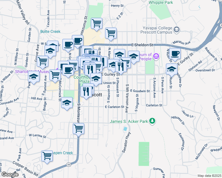 map of restaurants, bars, coffee shops, grocery stores, and more near 305 Union Street in Prescott