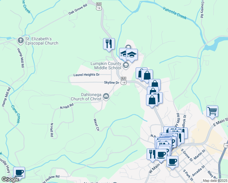 map of restaurants, bars, coffee shops, grocery stores, and more near 50 North Hall Road in Dahlonega