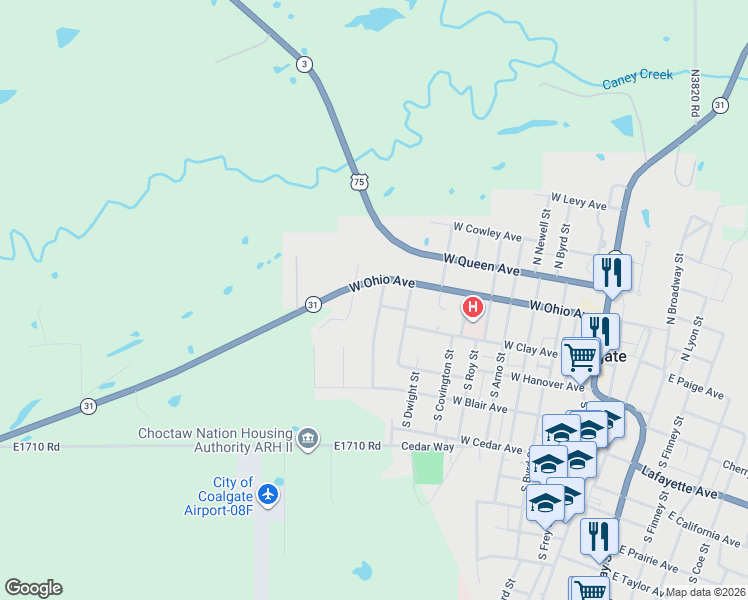 map of restaurants, bars, coffee shops, grocery stores, and more near 9 North Jerome Street in Coalgate