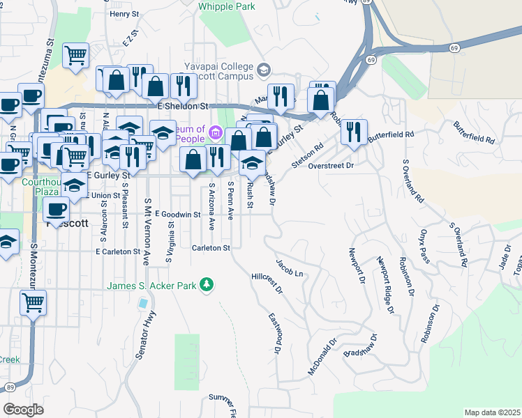 map of restaurants, bars, coffee shops, grocery stores, and more near 1004 East Goodwin Street in Prescott