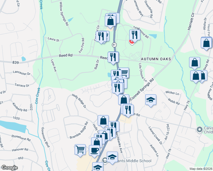 map of restaurants, bars, coffee shops, grocery stores, and more near 101 Life Style Lane in Anderson
