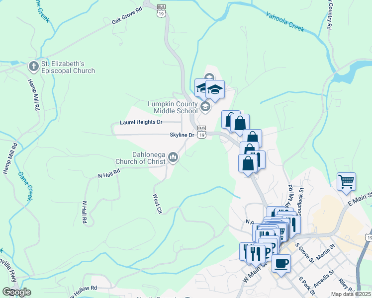 map of restaurants, bars, coffee shops, grocery stores, and more near 50 North Hall Road in Dahlonega