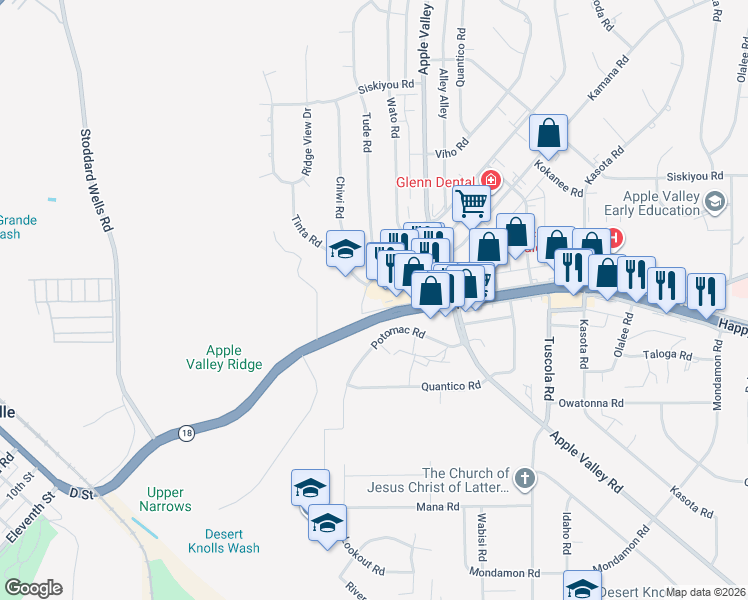 map of restaurants, bars, coffee shops, grocery stores, and more near 17768 Wika Road in Apple Valley
