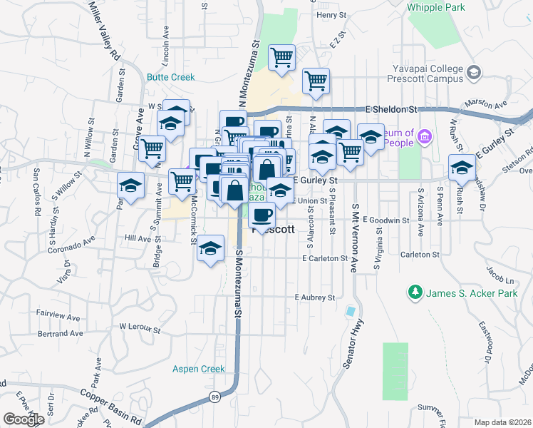 map of restaurants, bars, coffee shops, grocery stores, and more near 141 South Cortez Street in Prescott