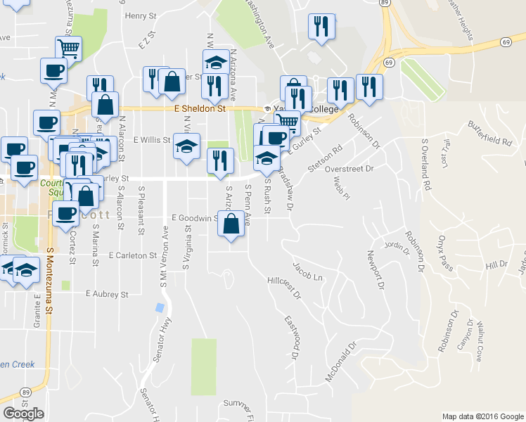 map of restaurants, bars, coffee shops, grocery stores, and more near 141 South Rush Street in Prescott