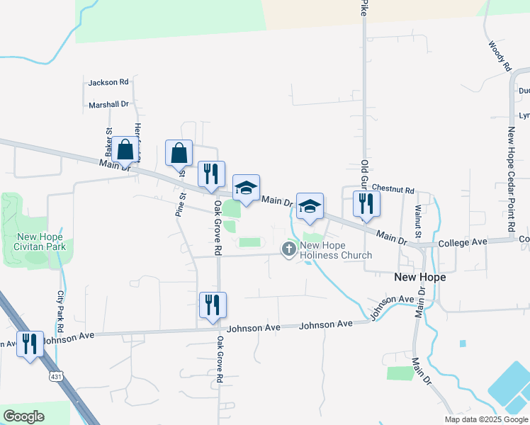 map of restaurants, bars, coffee shops, grocery stores, and more near 5216 Main Drive in New Hope